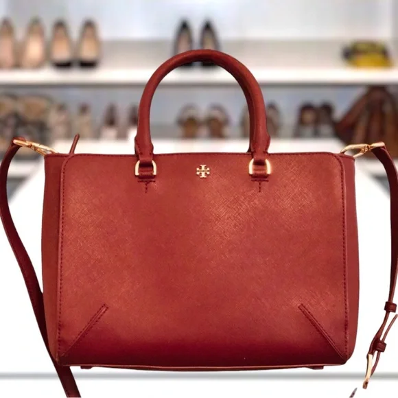 Tory Burch Satchel With Shoulder Strap Burgundy Gold Hardware - Picture 2 of 11